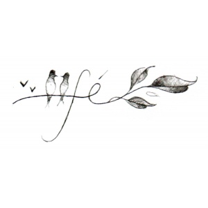 ramo com o caule em formato de escrita fé e dois pássaros
